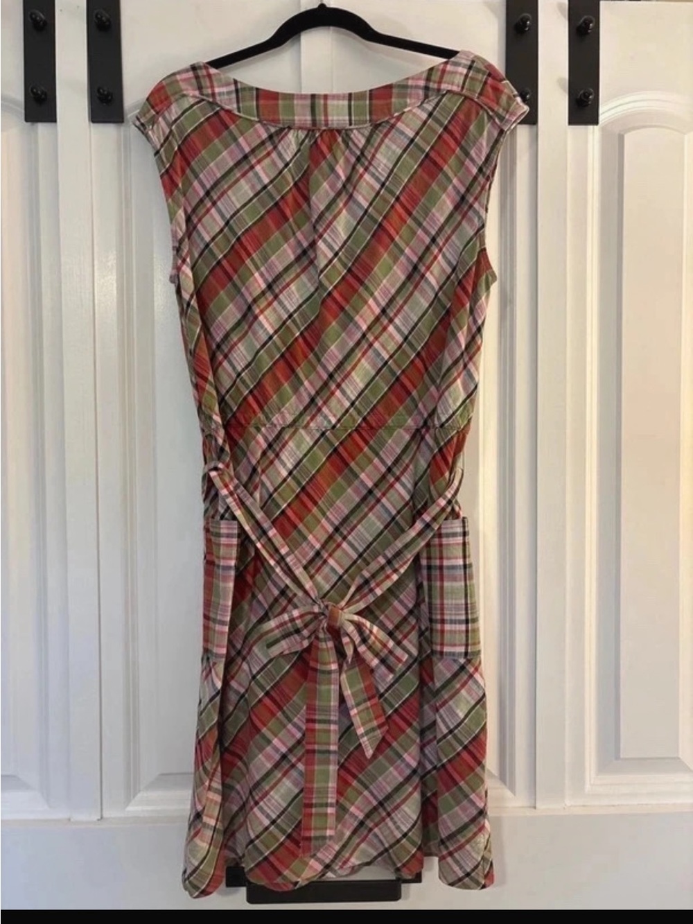 Plaid Tie-Back Cotton Dress in Red and Green